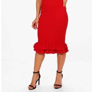 Red pencil skirt with ruffle detail